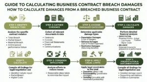 Infographic summarising key breach of contract damages business steps and value factors at Sofer Advisors