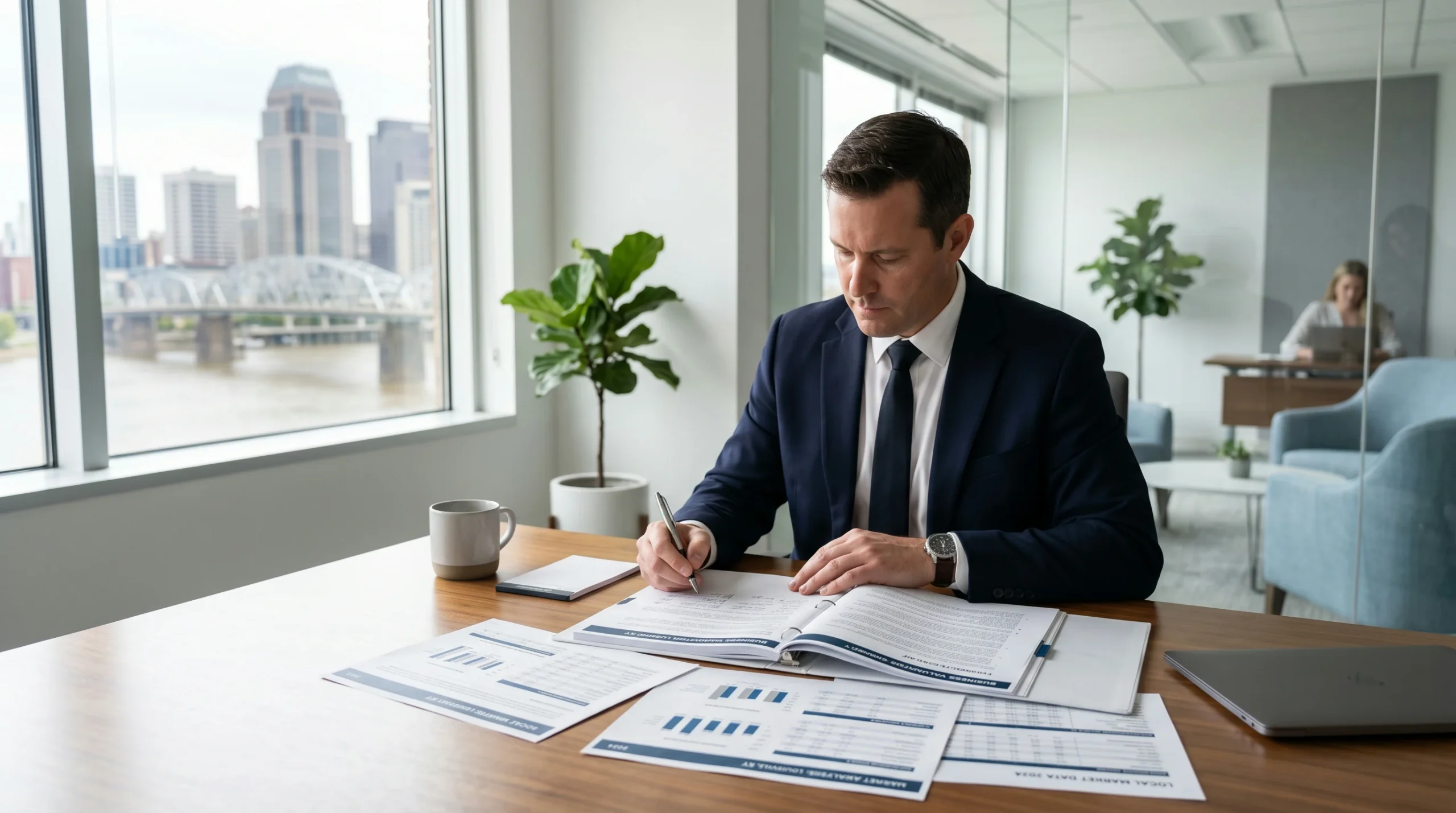 Business appraiser reviewing Louisville KY valuation report with local market data