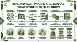 Infographic summarising key business valuation suwanee ga steps and value factors at Sofer Advisors