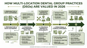 Infographic summarising key dental support organization valuation steps and value factors at Sofer Advisors