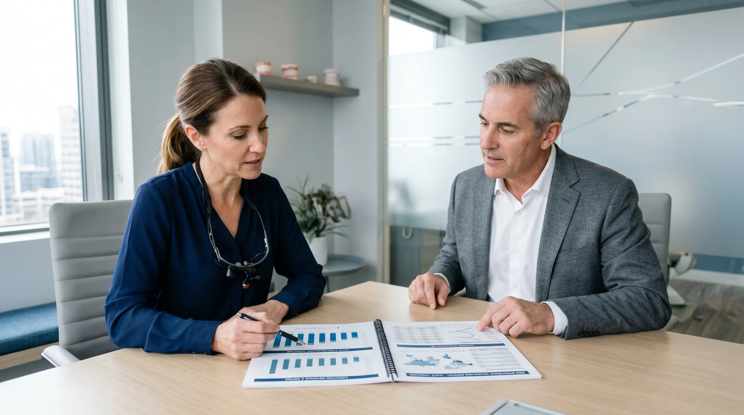 Two dental professionals reviewing a DSO valuation report across multiple locations