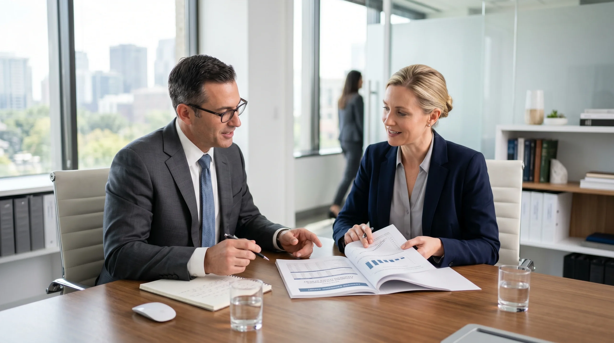 Attorney and economic damages expert witness reviewing financial loss report in a law office