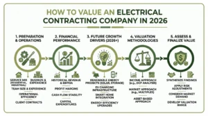 Infographic summarising key electrical contracting valuation steps and value factors at Sofer Advisors