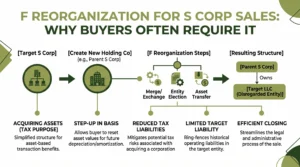Infographic summarising key f reorganization s corp sale steps and value factors at Sofer Advisors