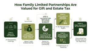 Infographic summarising key family limited partnership valuation steps and value factors at Sofer Advisors