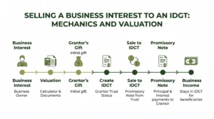 Infographic summarising key intentionally defective grantor trust valuation steps and value factors at Sofer Advisors