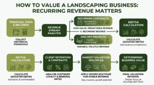 Infographic summarising key landscaping business valuation steps and value factors at Sofer Advisors