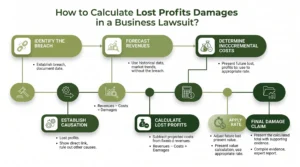 Infographic summarising key lost profits damages calculation steps and value factors at Sofer Advisors