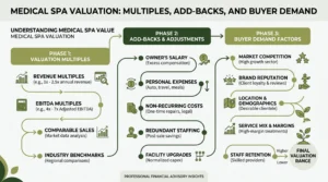 Infographic summarising key medical spa valuation steps and value factors at Sofer Advisors