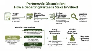 Infographic summarising key partnership dissociation valuation steps and value factors at Sofer Advisors