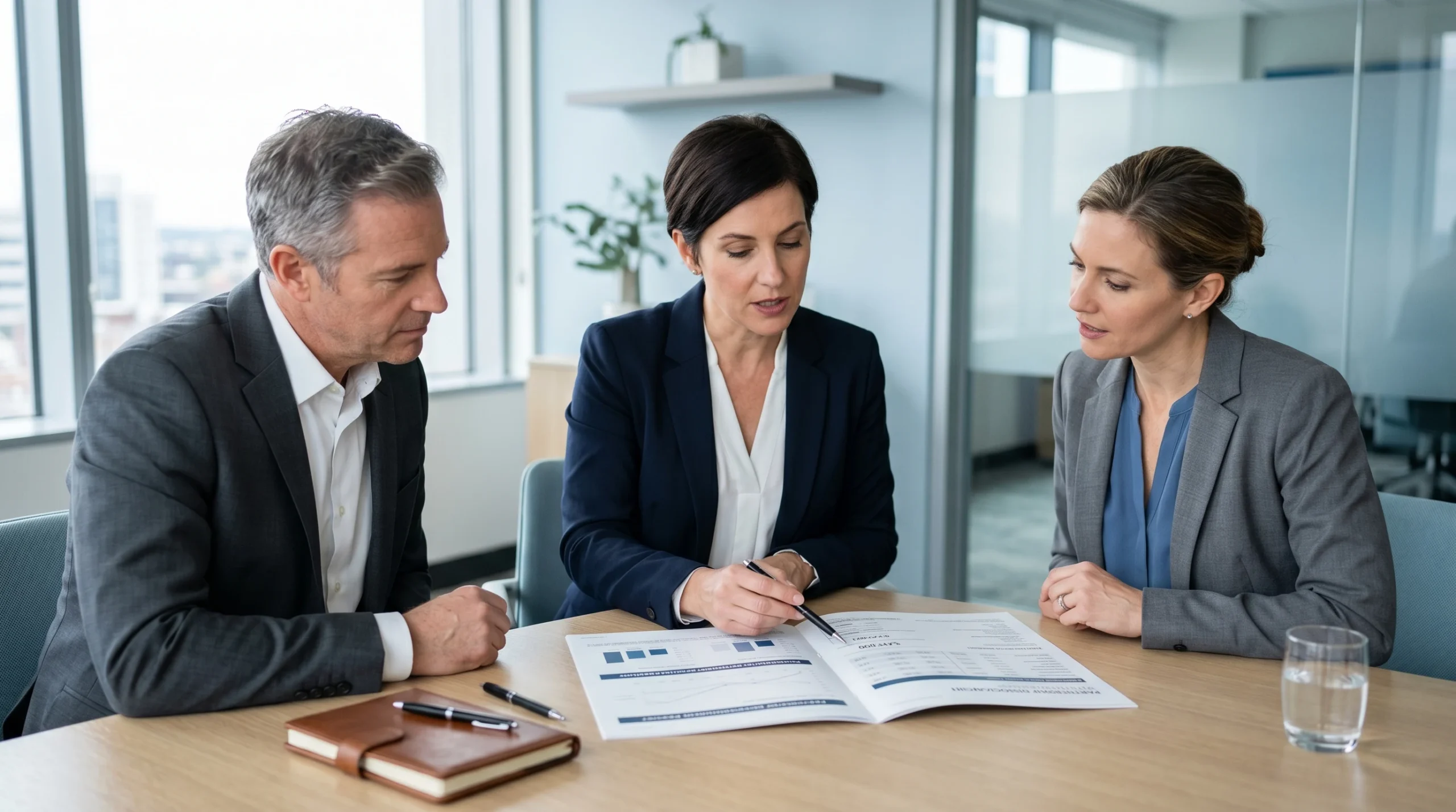 Business partners and attorney reviewing partnership dissociation valuation report