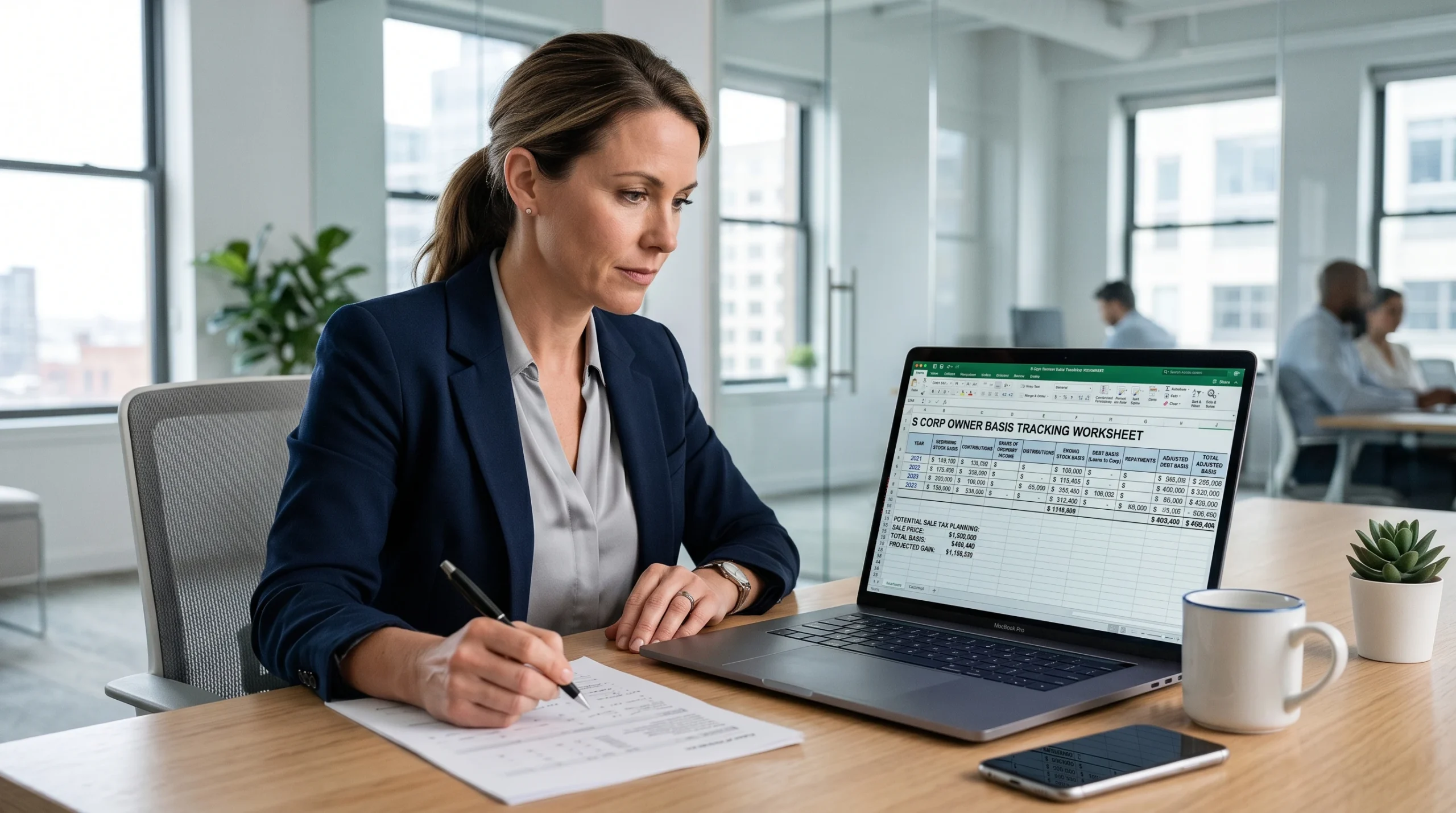 S corp owner basis tracking worksheet showing stock basis and debt basis calculations for tax planning at sale