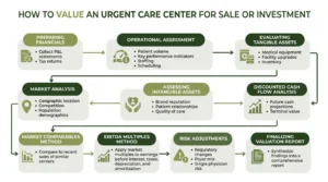 Infographic summarising key urgent care valuation steps and value factors at Sofer Advisors