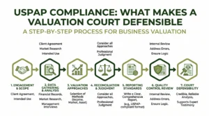 Infographic summarising key uspap compliance business valuation steps and value factors at Sofer Advisors