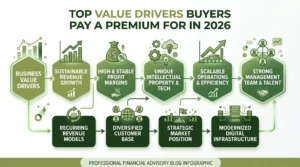 Infographic summarising key value drivers for business sale steps and value factors at Sofer Advisors